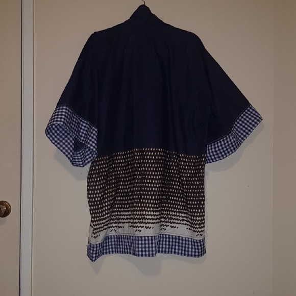 One-of-a-Kind Indigo blue & ivory print Patchwork Kimono | Blue Gingham Trim - Picture 5 of 12